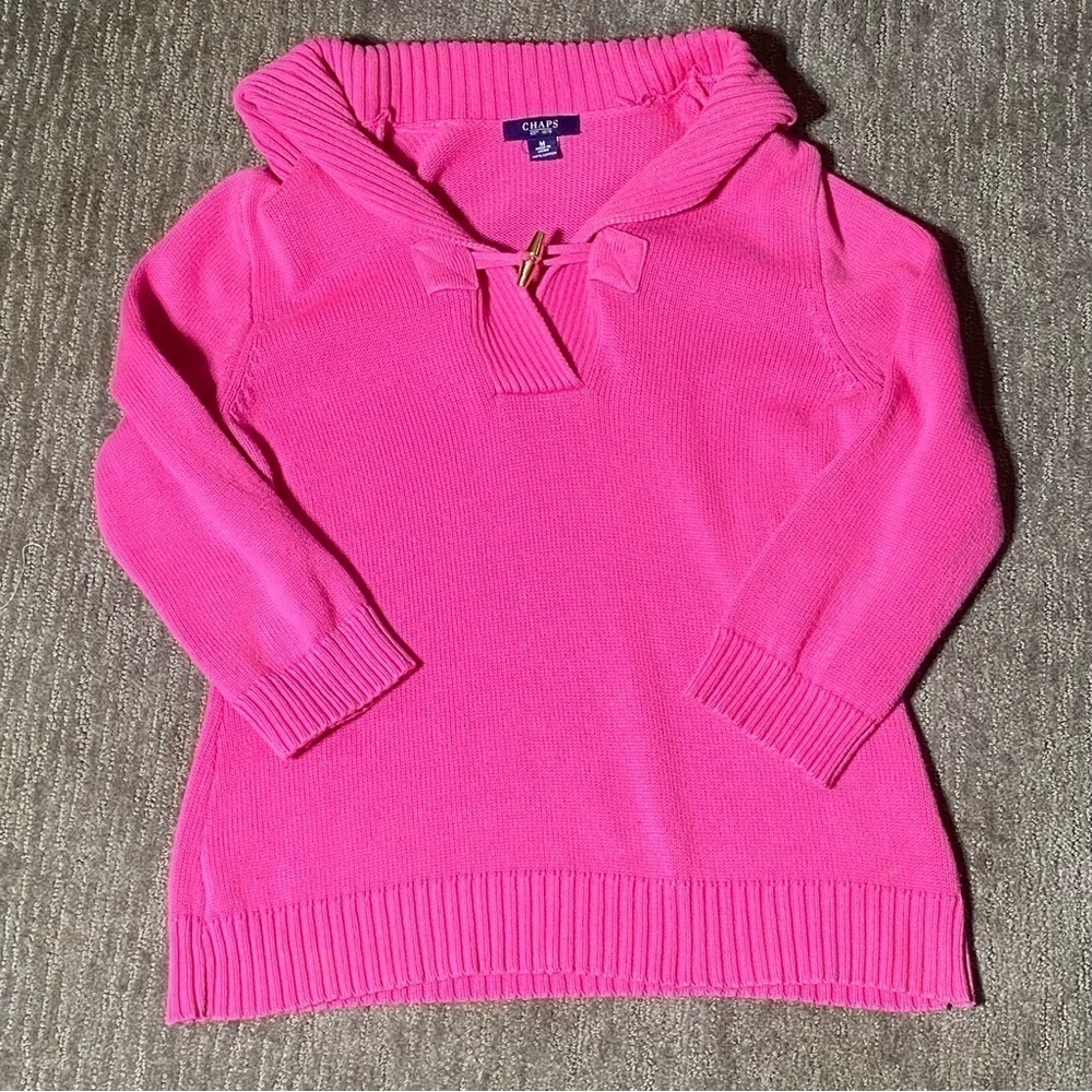 Chaps Cotton Sweater Women's M Barbie Pink Cowl Neck 3/4 Sleeve Cozy Preppy